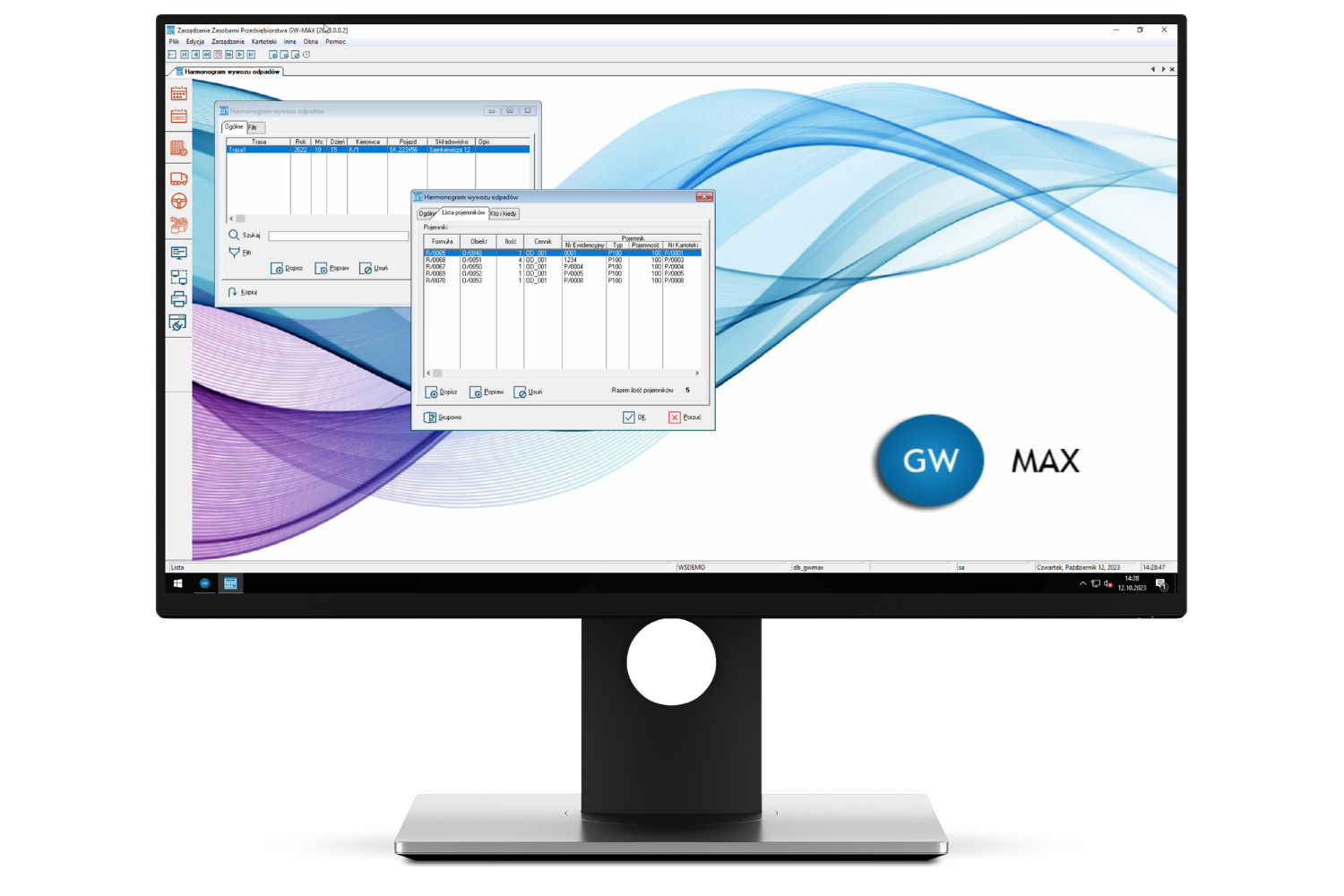 Interfejs modułu Gospodarka Odpadami w systemie GW-MAX – ewidencja pojemników, harmonogram wywozów i rozliczenia usług.